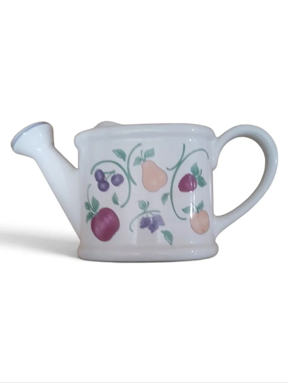 Princess House White Ceramic Watering Can with Fruit Motif
